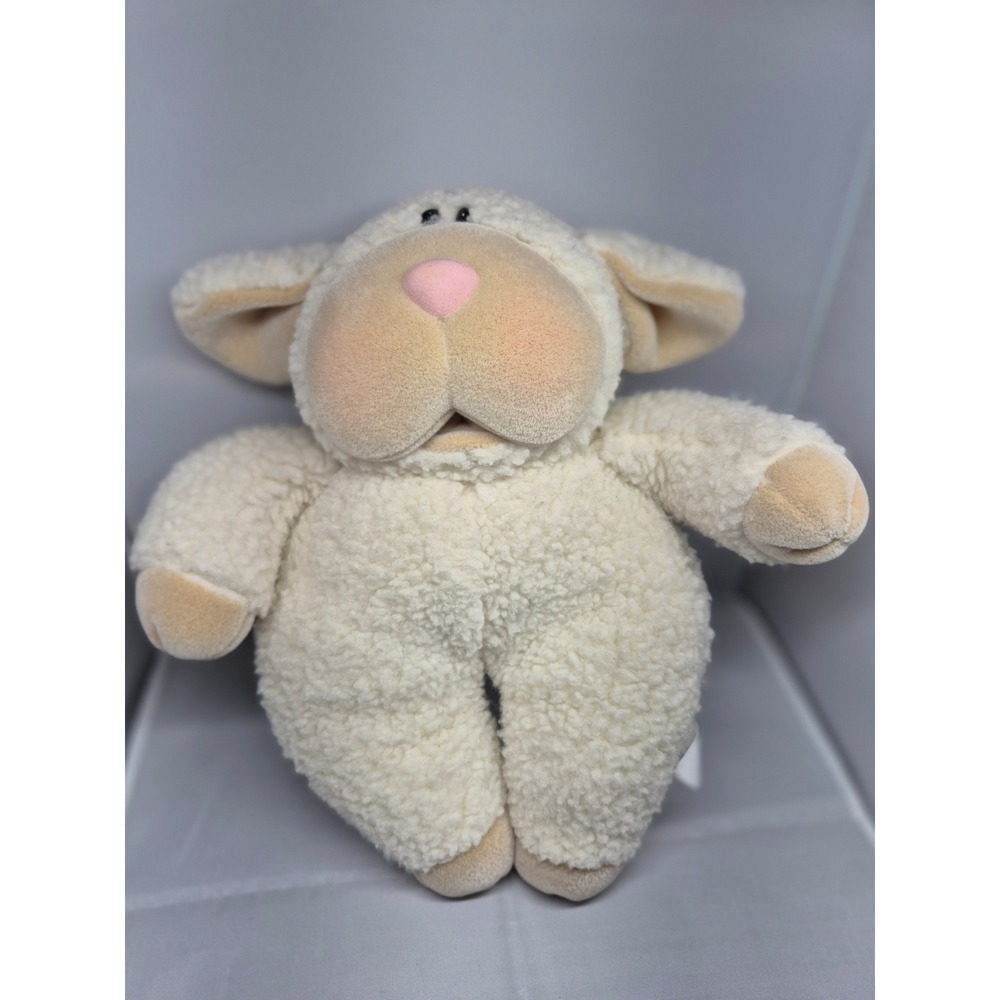 Lamb Sheep Plush Stuffed Animal Toy Pink Nose Embroidered‎ Flowers Cream